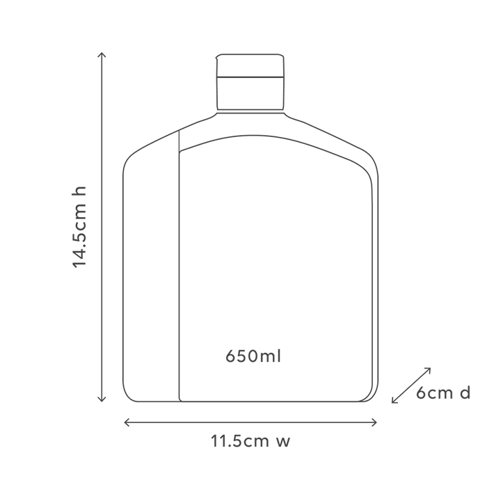 Line drawing of a bottle with dimensions labeled