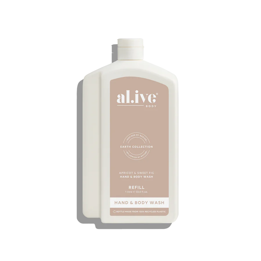 Hand and body wash refill bottle with 'alive' branding on a white background