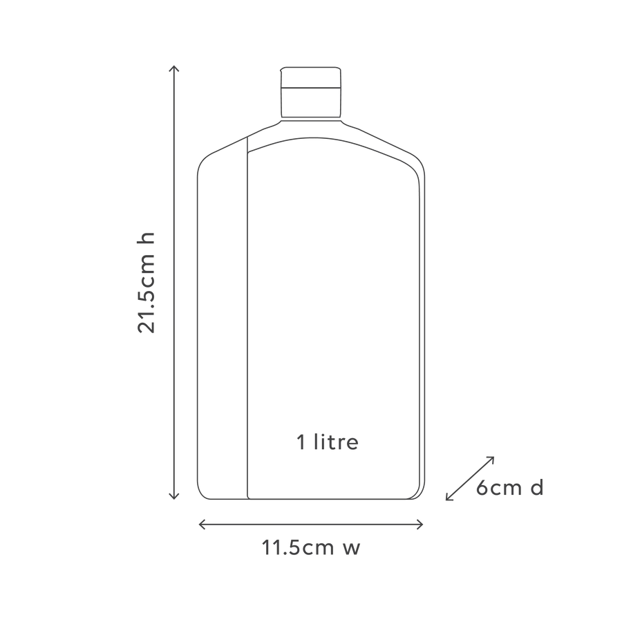 Measurement chart of a 1 litre bottle with dimensions labeled