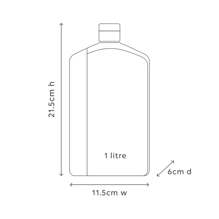 Measurement chart of a 1 litre bottle with dimensions labeled