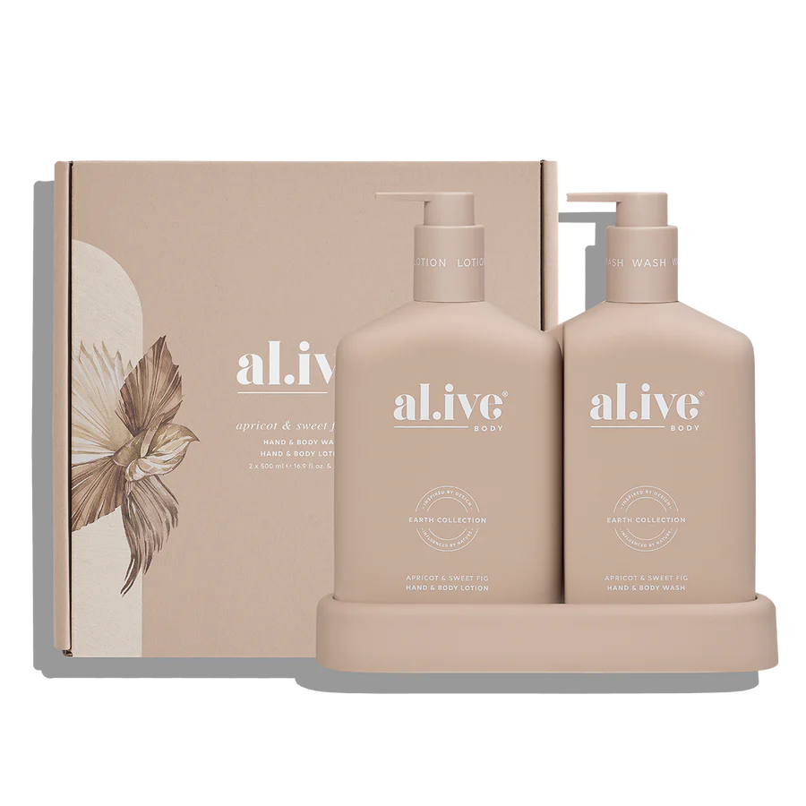 Two beige bottles with pump dispensers and a box labeled 'al.ive' on a white background.