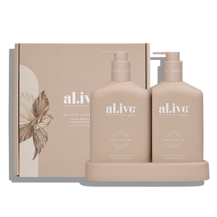 Two beige bottles with pump dispensers and a box labeled 'al.ive' on a white background.