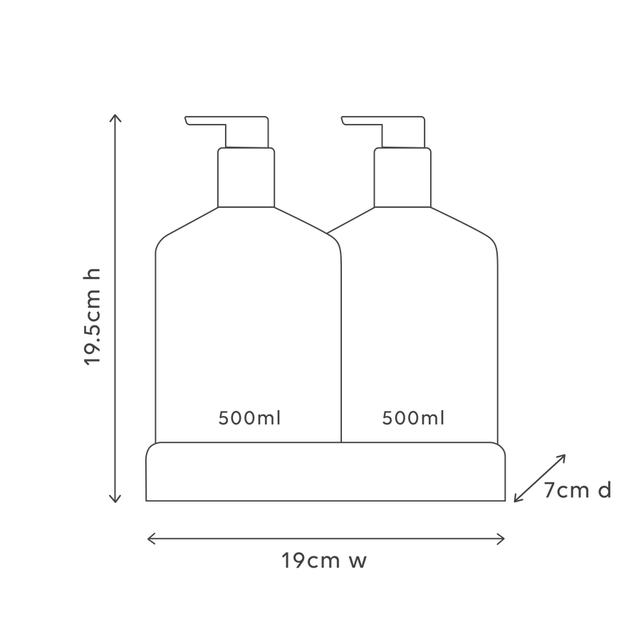 Dimensions of two 500ml bottles with pump dispensers on a white background