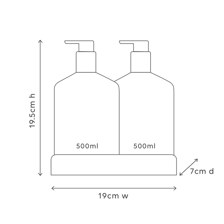 Dimensions of two 500ml bottles with pump dispensers on a white background
