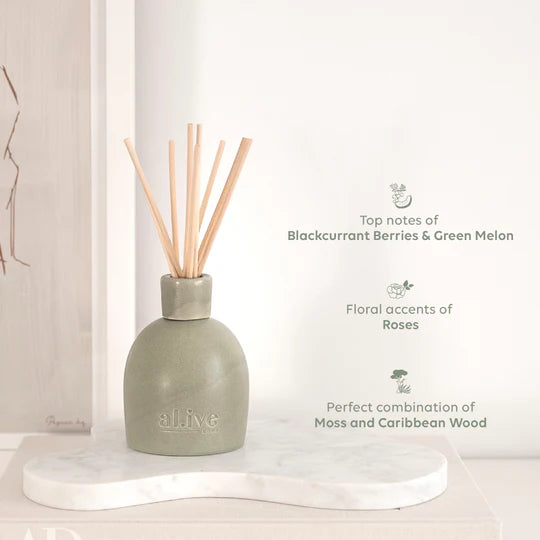 Decorative diffuser with sticks on a white surface, featuring the brand 'alive'.