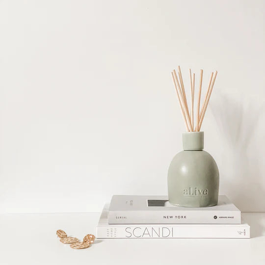 Scented diffuser with wooden sticks on a stack of books with 'Scandi' magazine.