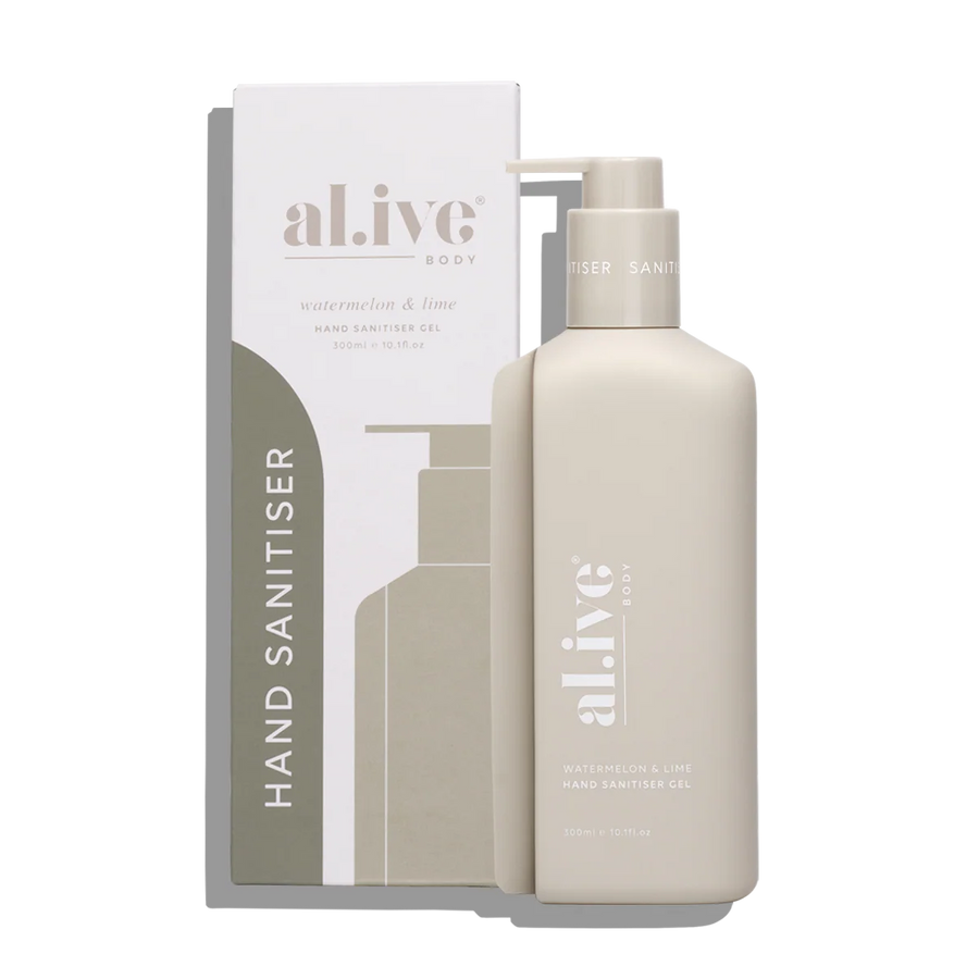 Hand sanitiser bottle and packaging with 'alive' branding on a white background