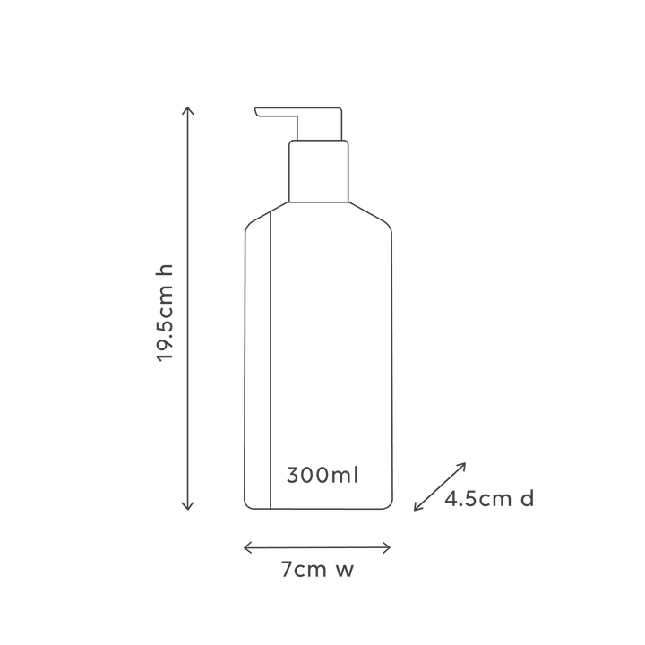 Measurement chart of a 300ml bottle with dimensions labeled.