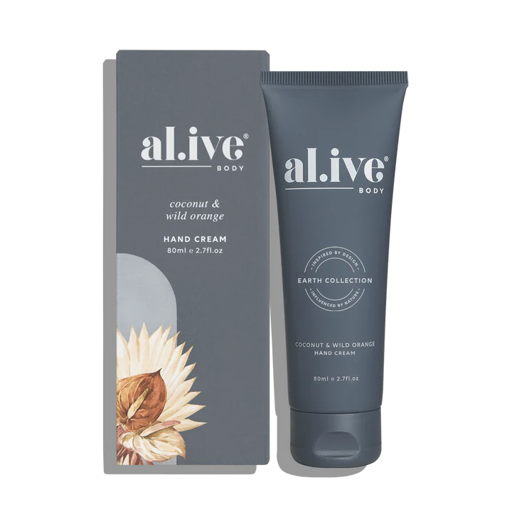 al.ive body coconut & wild orange hand cream with packaging on a white background