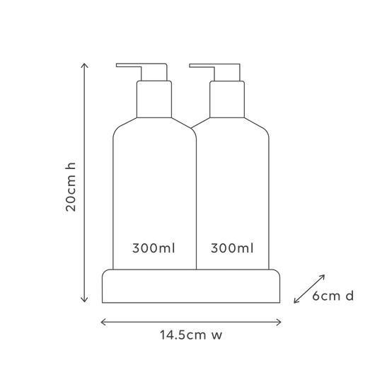 Line drawing of two 300ml bottles with dimensions labeled