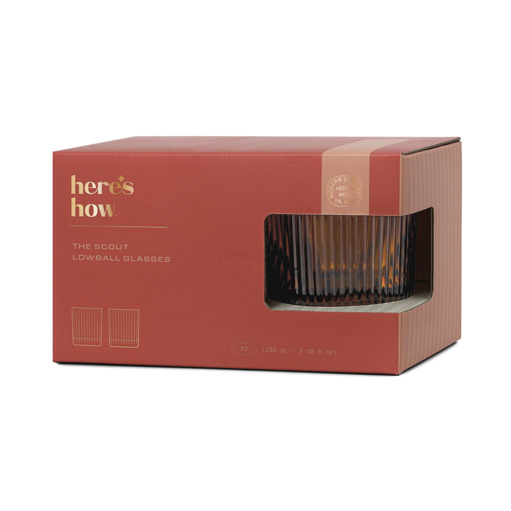 Red box packaging with 'here's how' branding and glassware inside on a white background