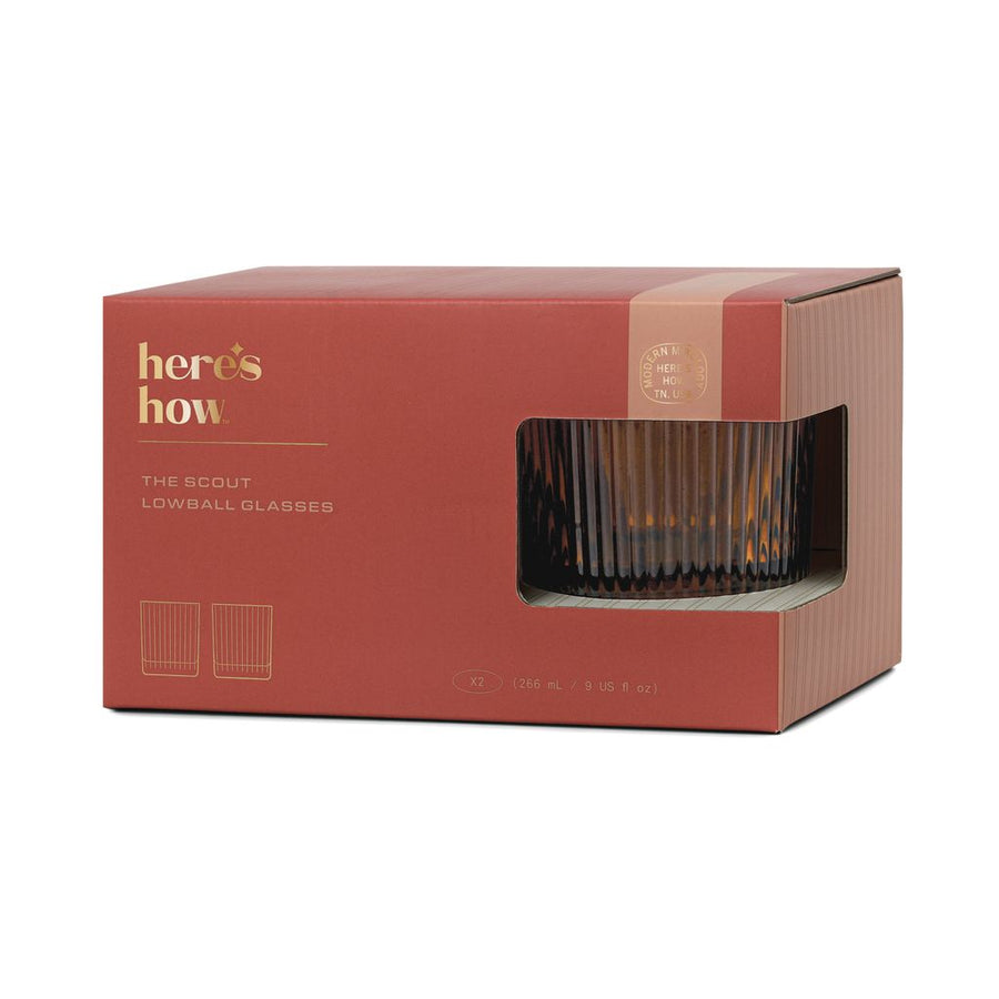 Red box packaging with 'here's how' branding and glassware inside on a white background