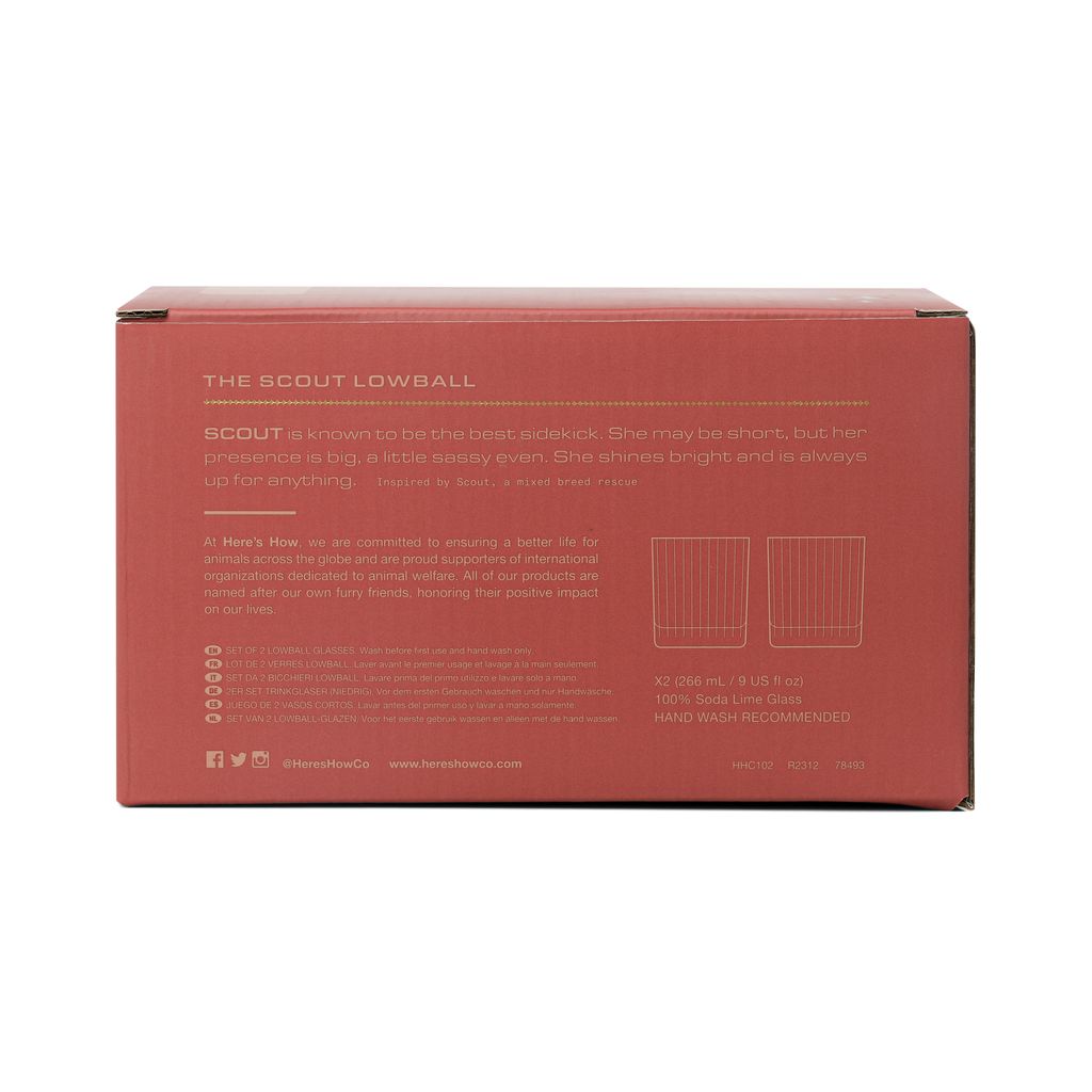 Box packaging for 'The Scout Lowball' with branding and product details.