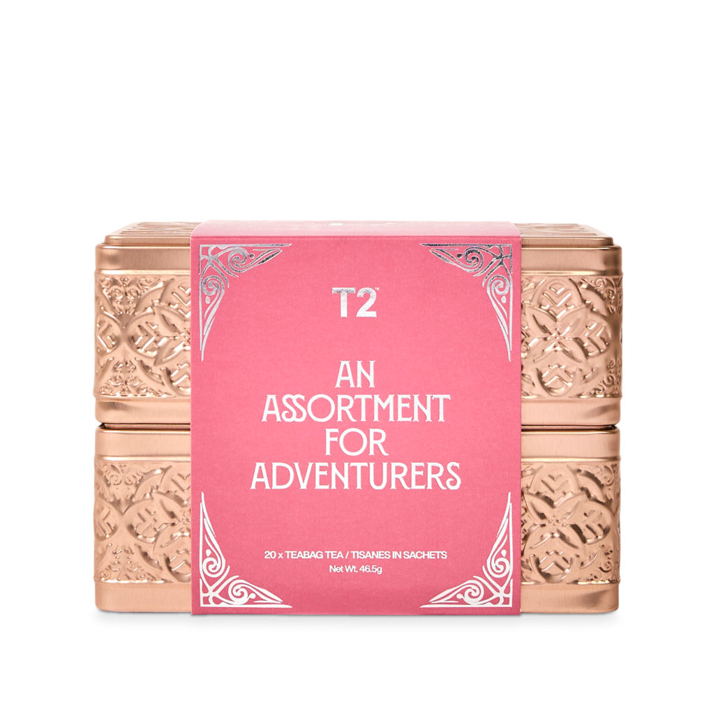 T2 tea packaging with pink label on a white background