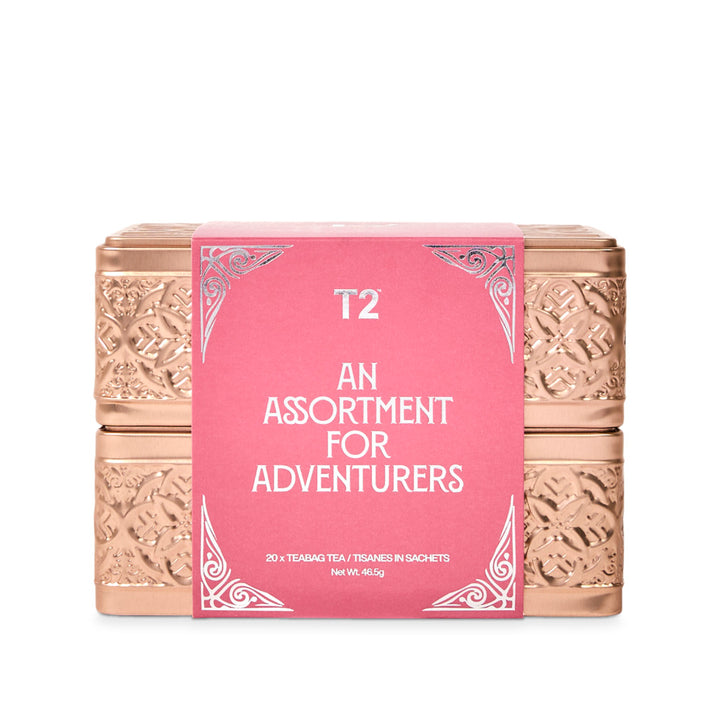 T2 tea packaging with pink label on a white background