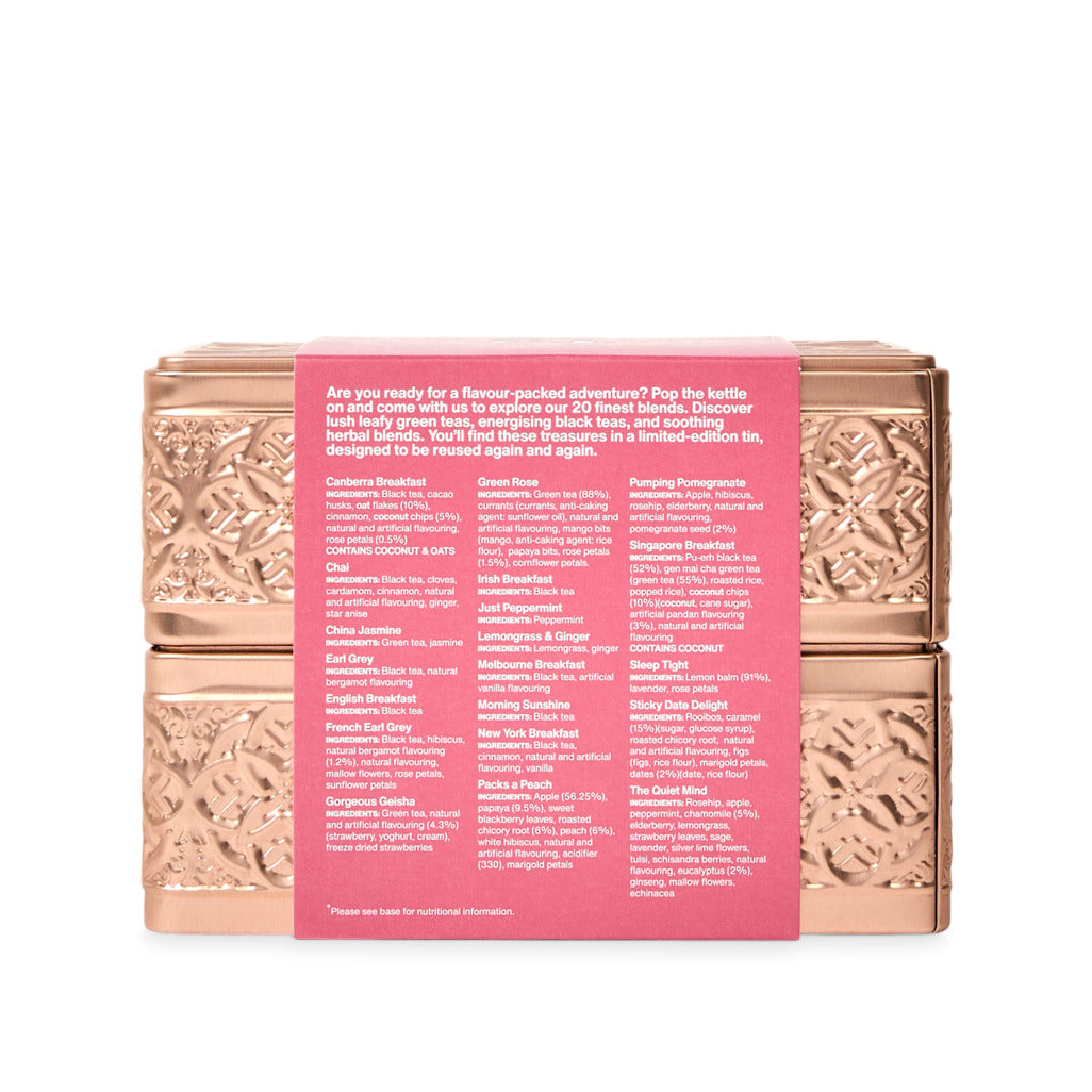 T2 tea tin with a pink label on a white background