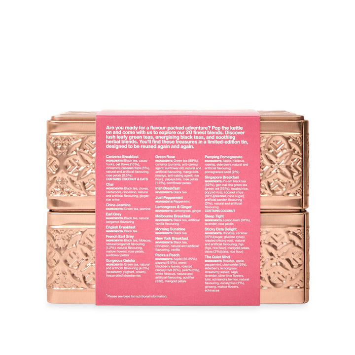 T2 tea tin with a pink label on a white background