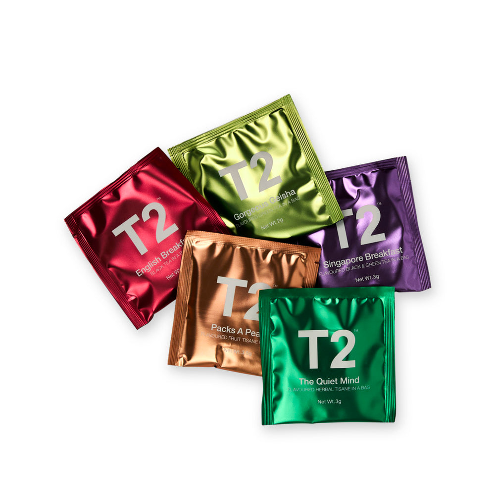 Colorful T2 tea bags on a white background