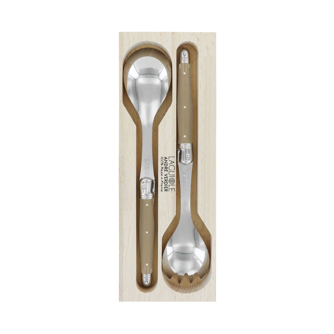 Set of Laguiole salad servers in a wooden box with Laguiole logo.