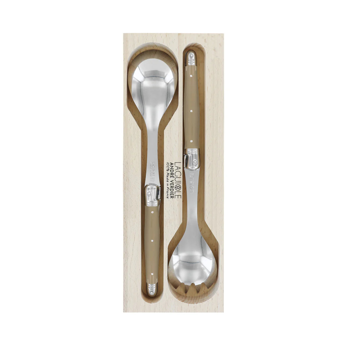 Set of Laguiole salad servers in a wooden box with Laguiole logo.