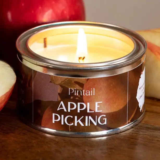 A lit metal tin candle labeled 'Pintail APPLE PICKING' sits on a wooden surface with red and pale apple pieces nearby, suggesting an apple-themed fragrance.