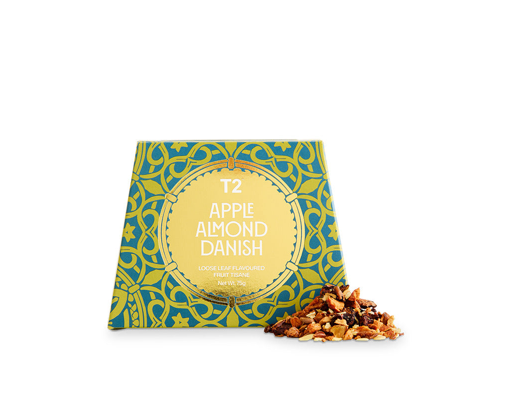 Packaged Apple Almond Danish Tea on a white background