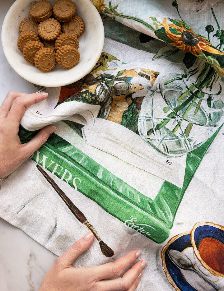 Floral theme linen tea towel