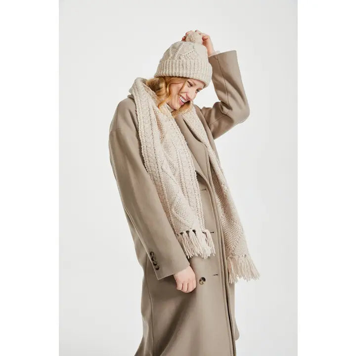 Person wearing a beige coat, cream knit hat, and scarf on a white background