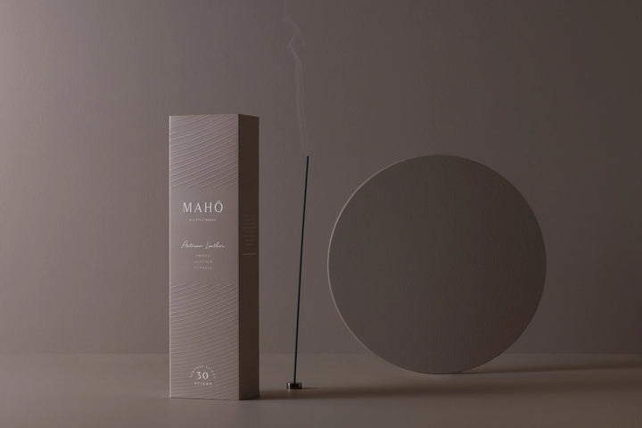 MAHO incense packaging with a single incense stick on a neutral background
