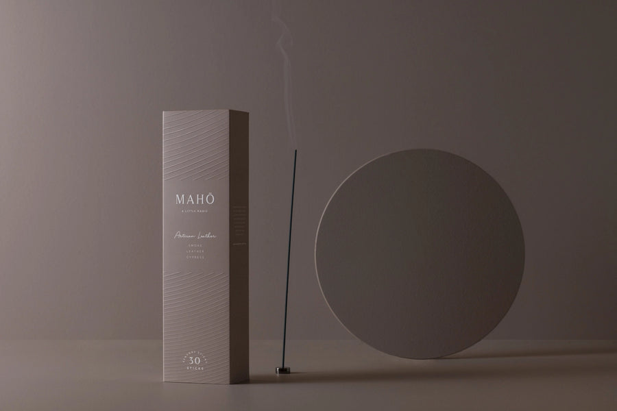 MAHO incense packaging with a single incense stick on a neutral background