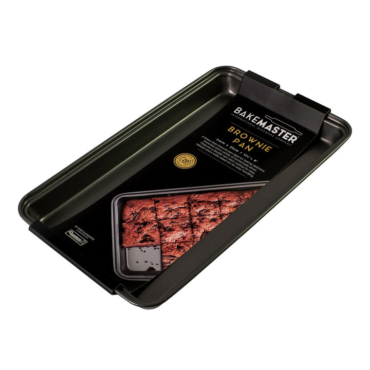 Gray brownie pan with a label on a white background