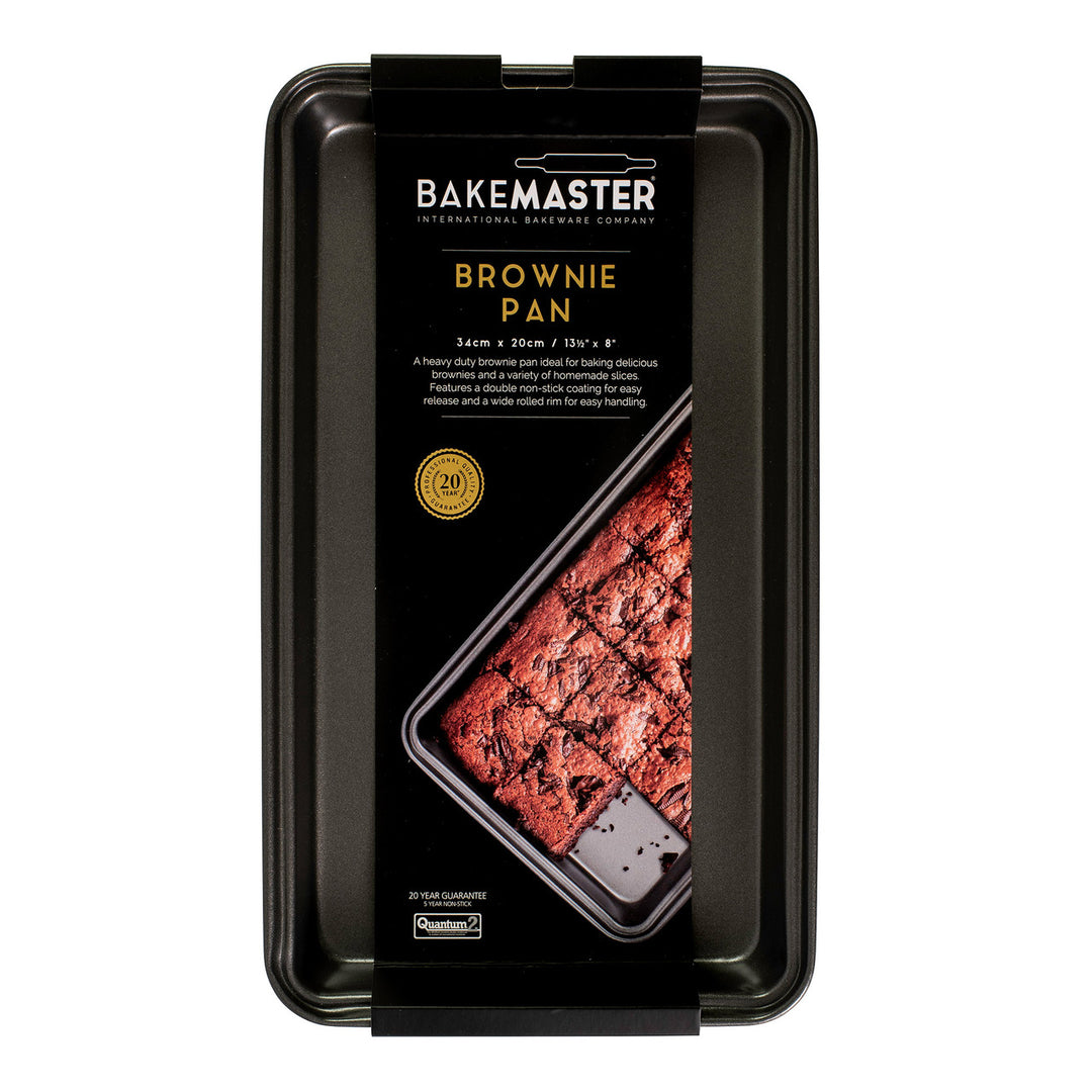 Bakemaster brownie pan packaging with a brownie picture on a white background