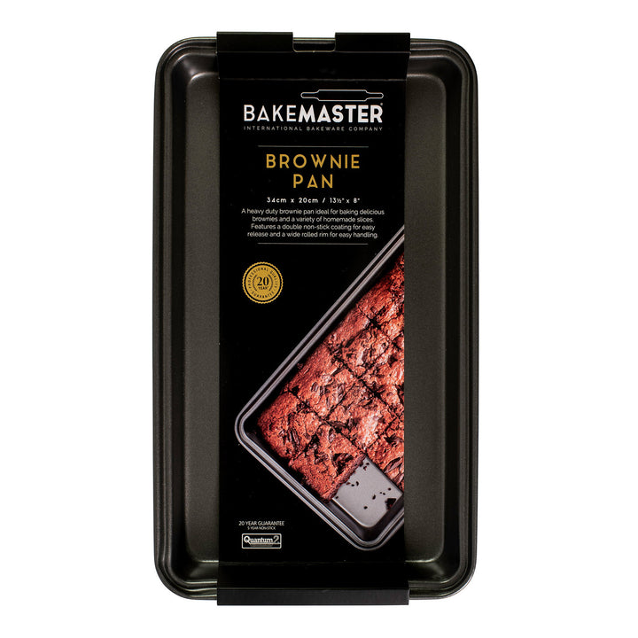 Bakemaster brownie pan packaging with a brownie picture on a white background