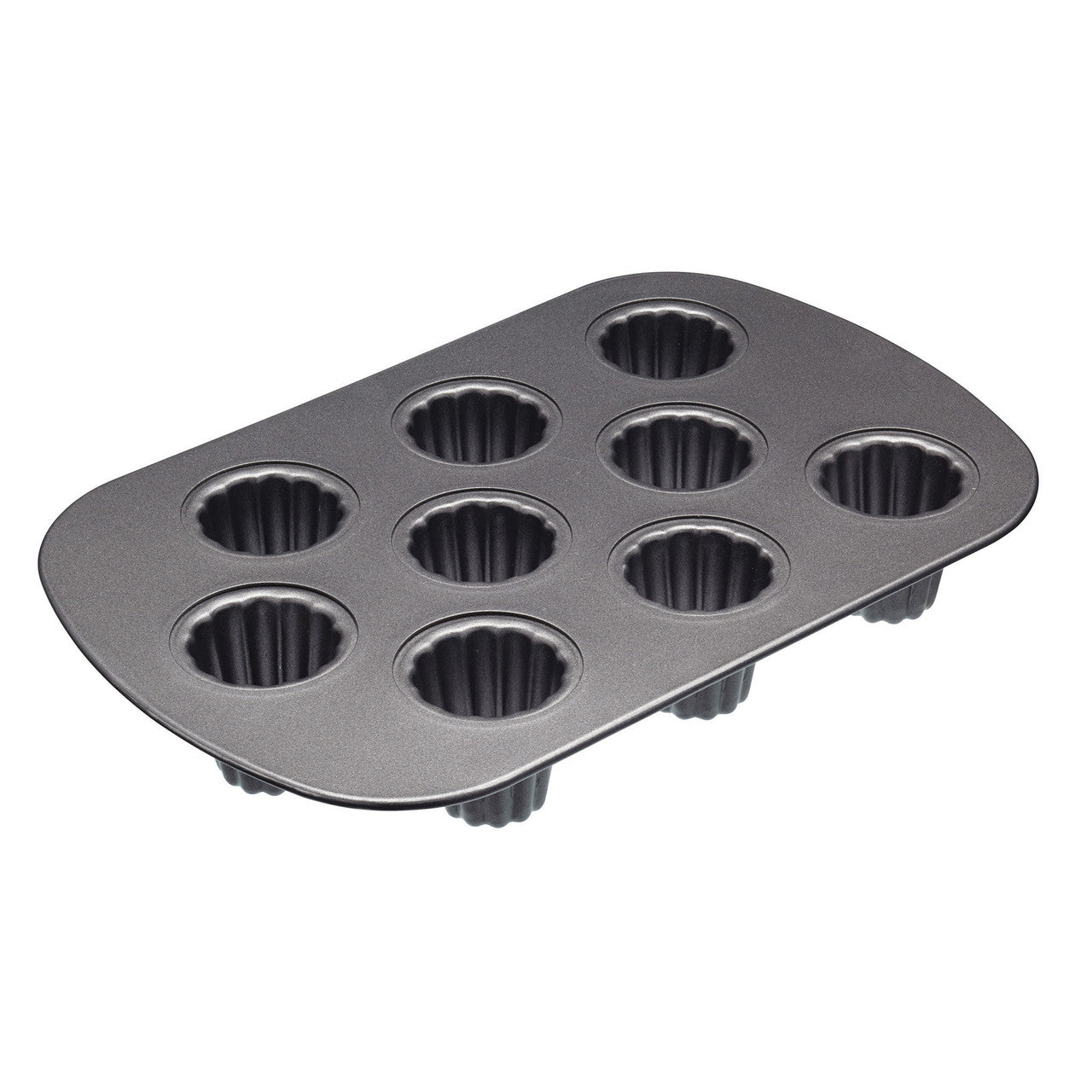 Gray canele pan with nine cups on a white background
