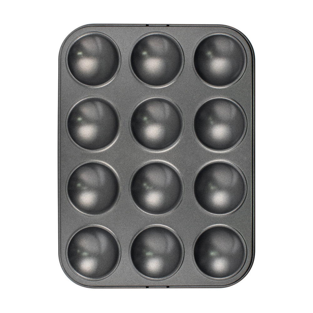 Gray patty pan with 12 round compartments on a white background