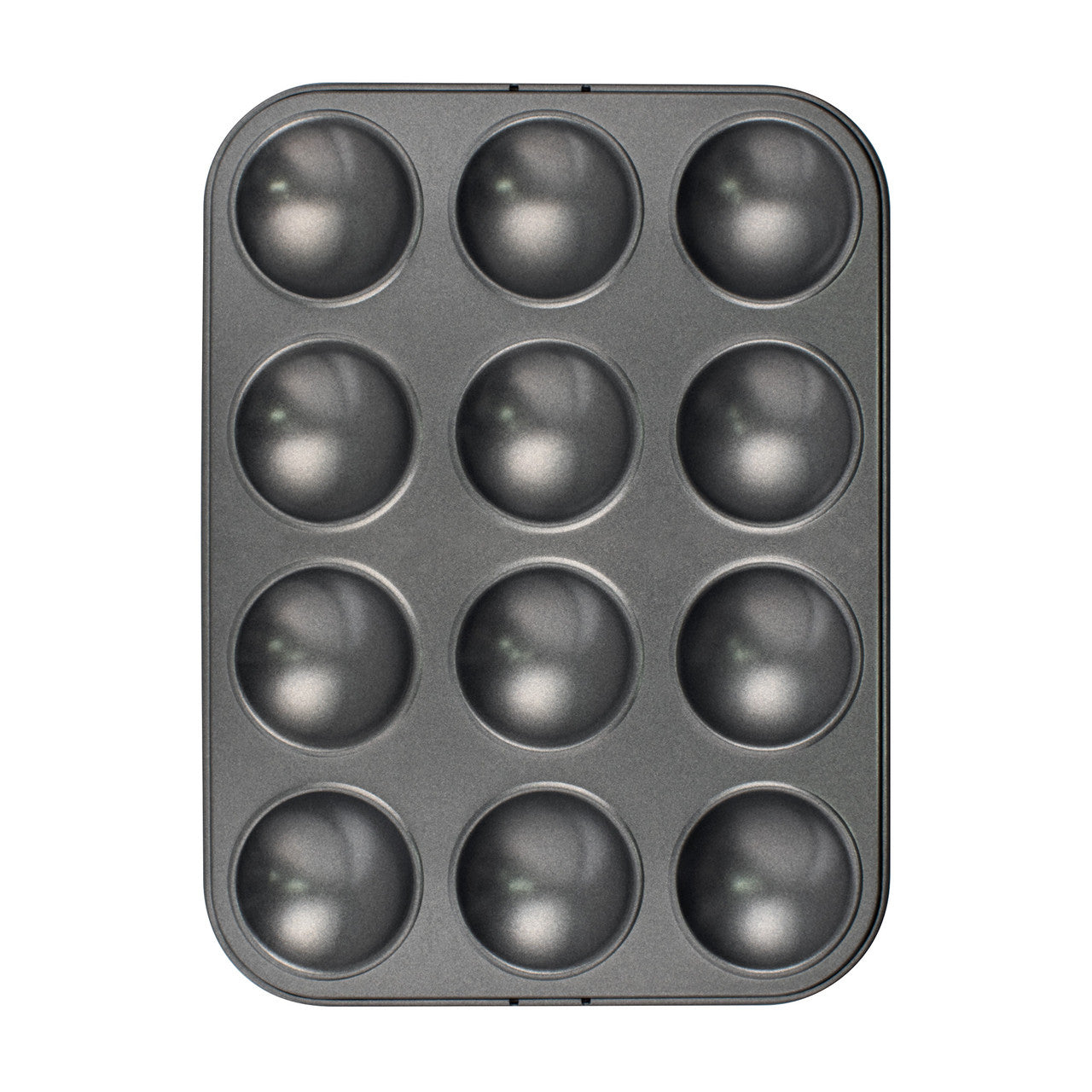 Gray patty pan with 12 round compartments on a white background