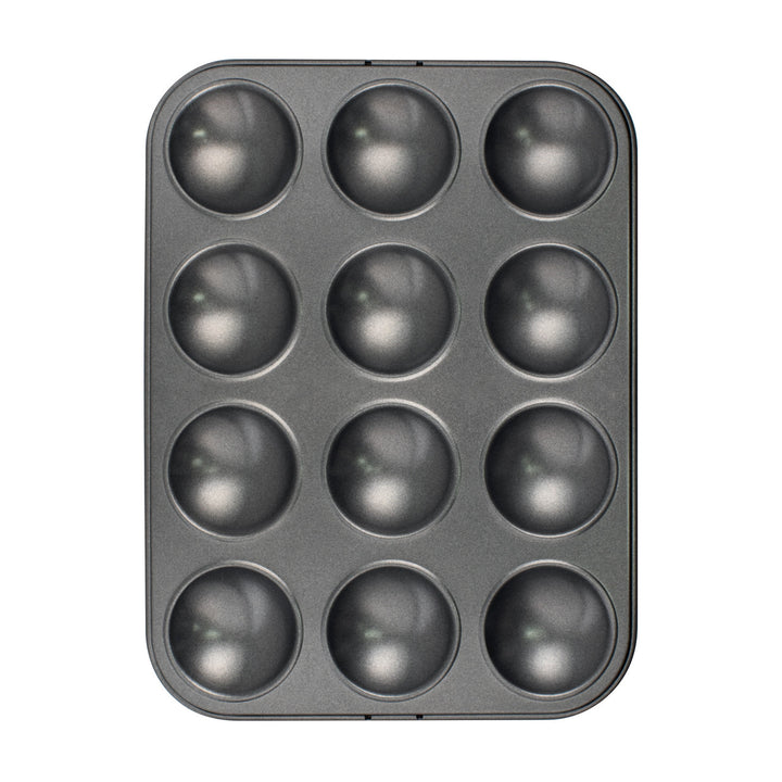 Gray patty pan with 12 round compartments on a white background
