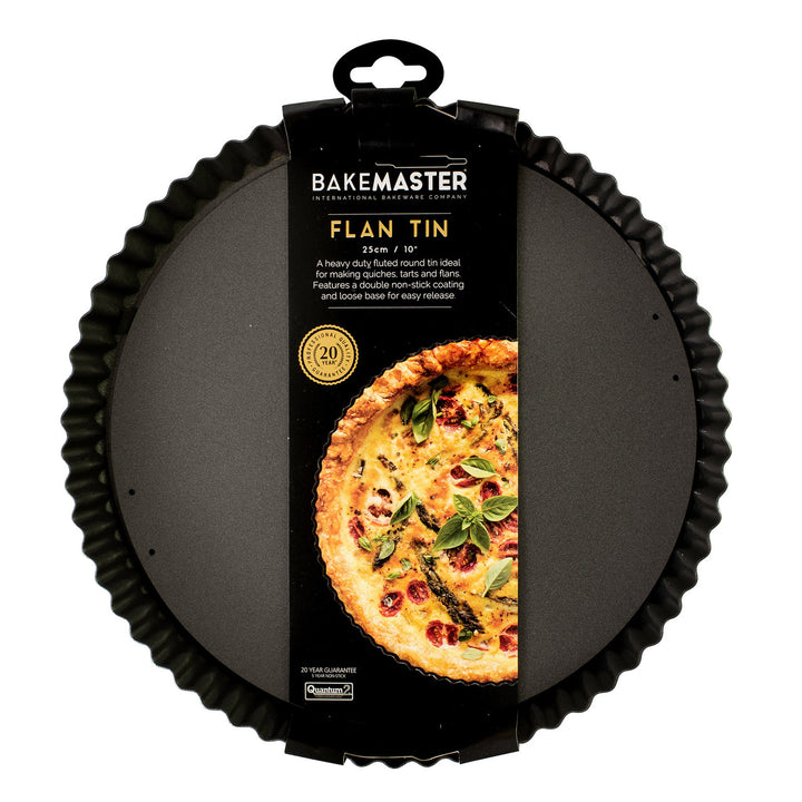 Bakemaster flan tin with a quiche on the packaging against a white background