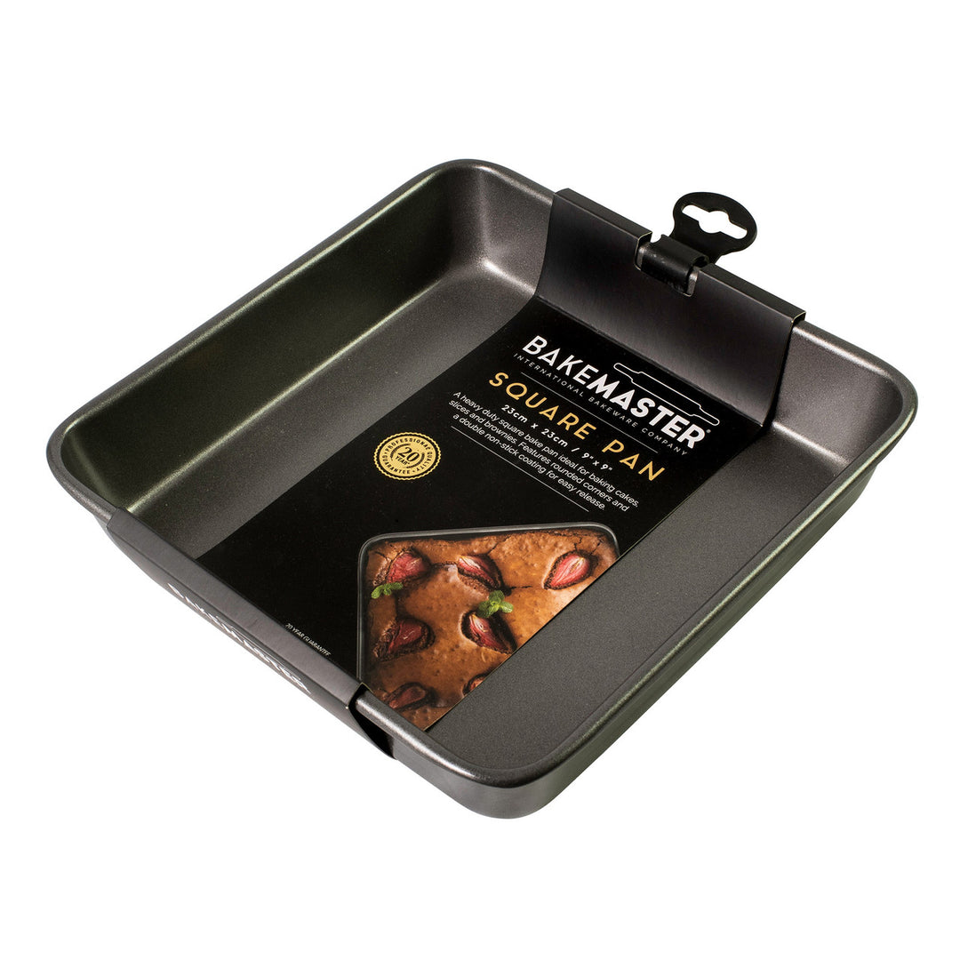 Square baking pan with 'Bakemaster' branding on a white background