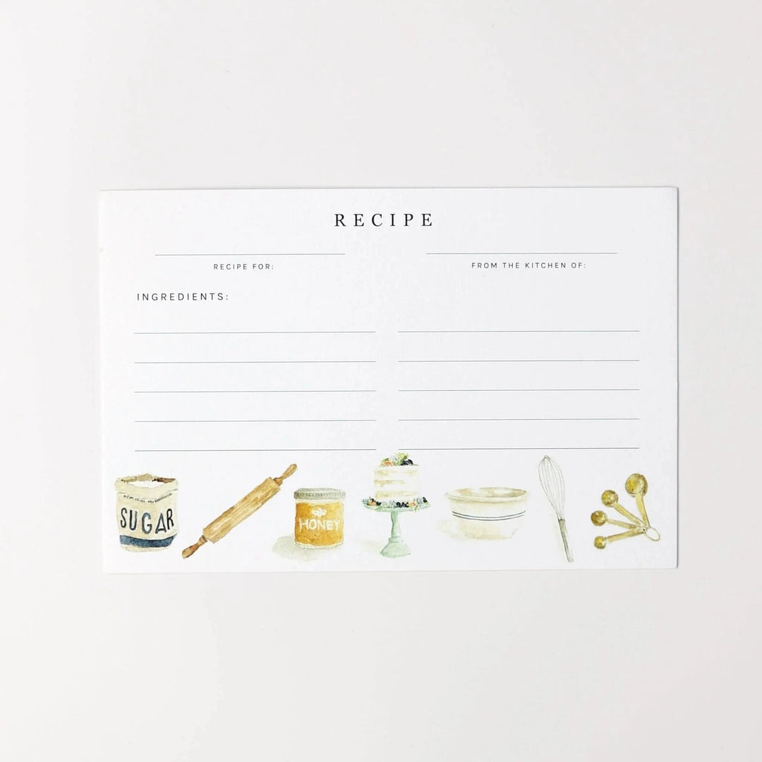 Recipe card with illustrations of kitchen items on a white background