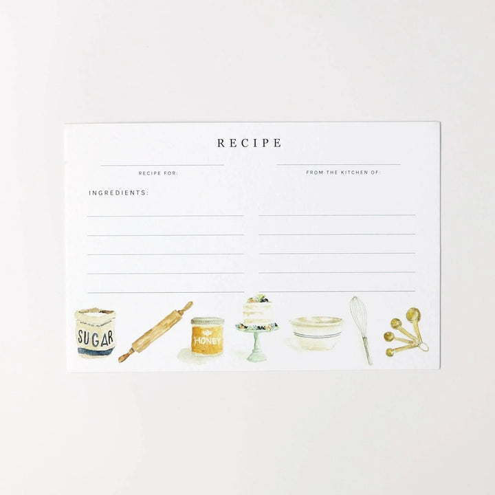Recipe card with illustrations of kitchen items on a white background