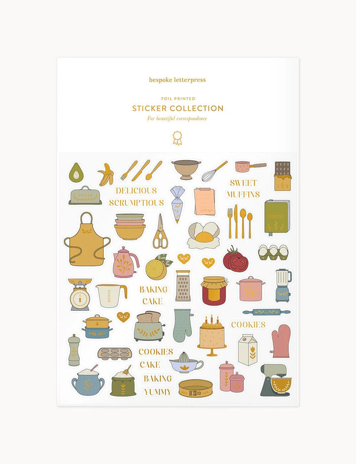 Sticker collection with baking-themed illustrations on a white background