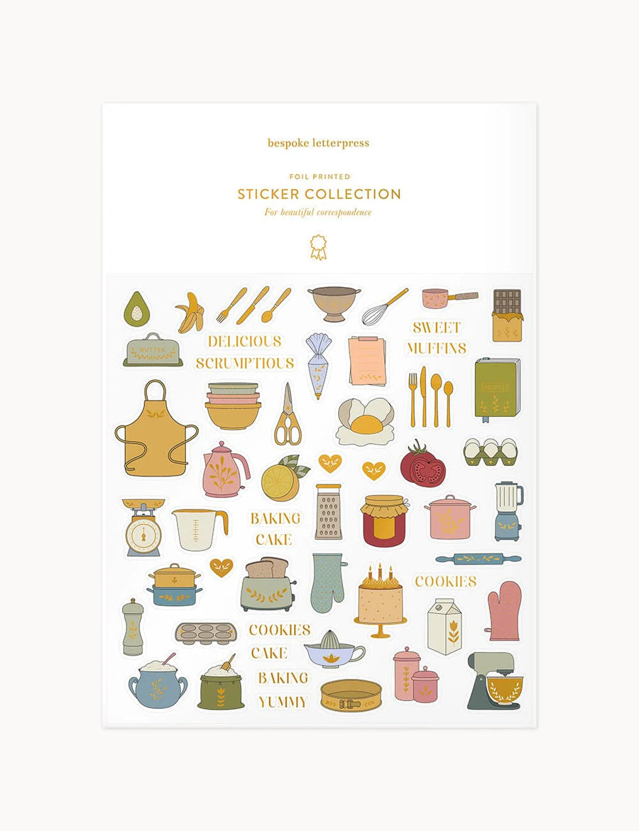 Sticker collection with baking-themed illustrations on a white background