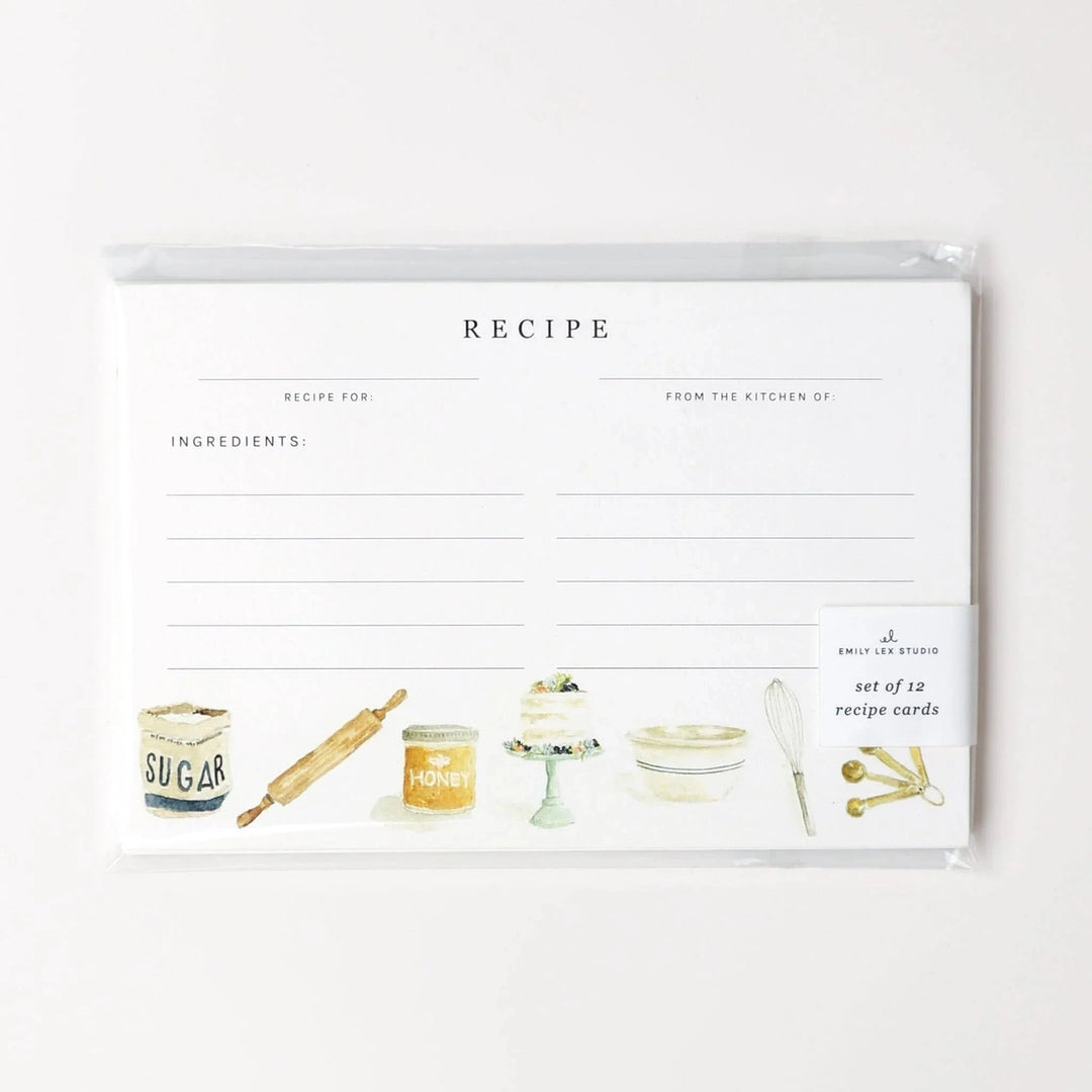 Set of 12 recipe cards with kitchen illustrations on a white background