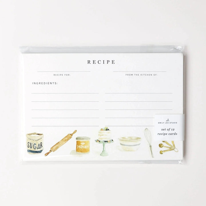 Set of 12 recipe cards with kitchen illustrations on a white background
