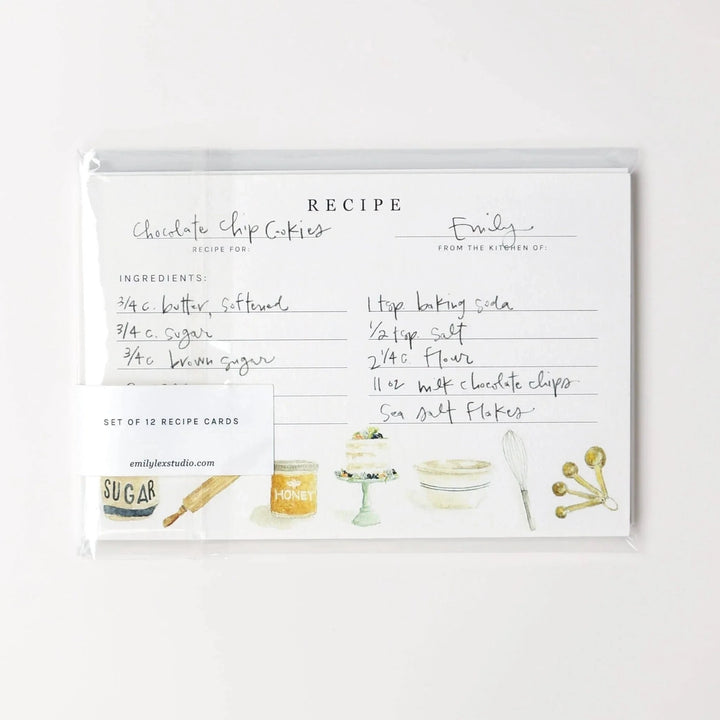 Set of recipe cards for chocolate chip cookies with illustrations on a white background