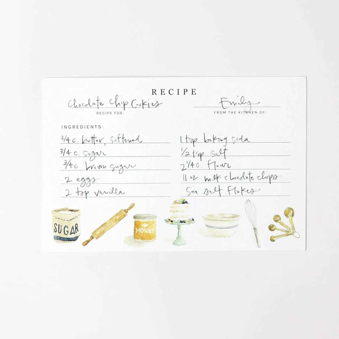 Recipe card for chocolate chip cookies with ingredients listed and illustrations of kitchen items.