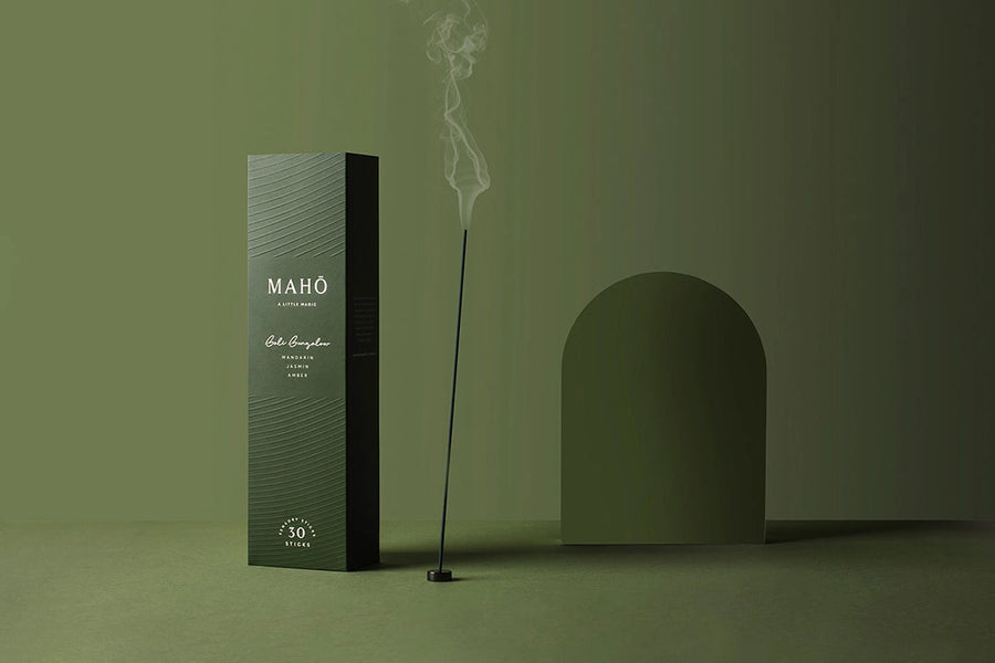 MAHO incense packaging with a single incense stick on a green background