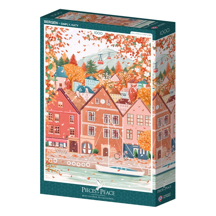 A puzzle box of a scene from Bergen on a white background