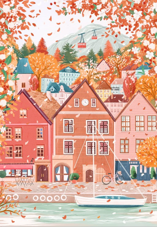 Illustration of a quaint town with colorful houses and autumn leaves.